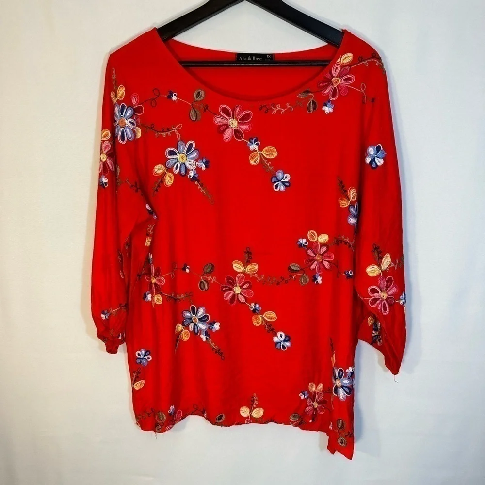 Ann & Rose Boho Embroidered Red Floral 3/4 Puff Sleeve Tunic Top Blouse Size 1X - Picture 8 of 10